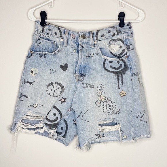 Wild Fable Graphic High Rise Distressed Denim Bermuda Shorts 100% Cotton Size 2 - Picture 5 of 12